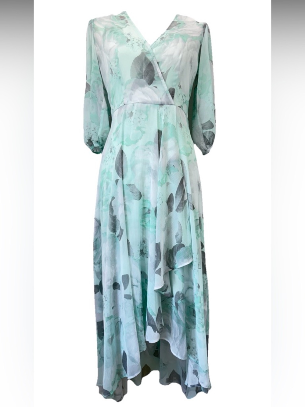 Calvin Klein Green Floral Print High Low Sheer Chiffon wedding guest Dress sz 2